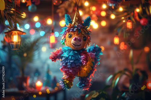colorful piñata hanging amidst fairy lights during a festive evening celebration