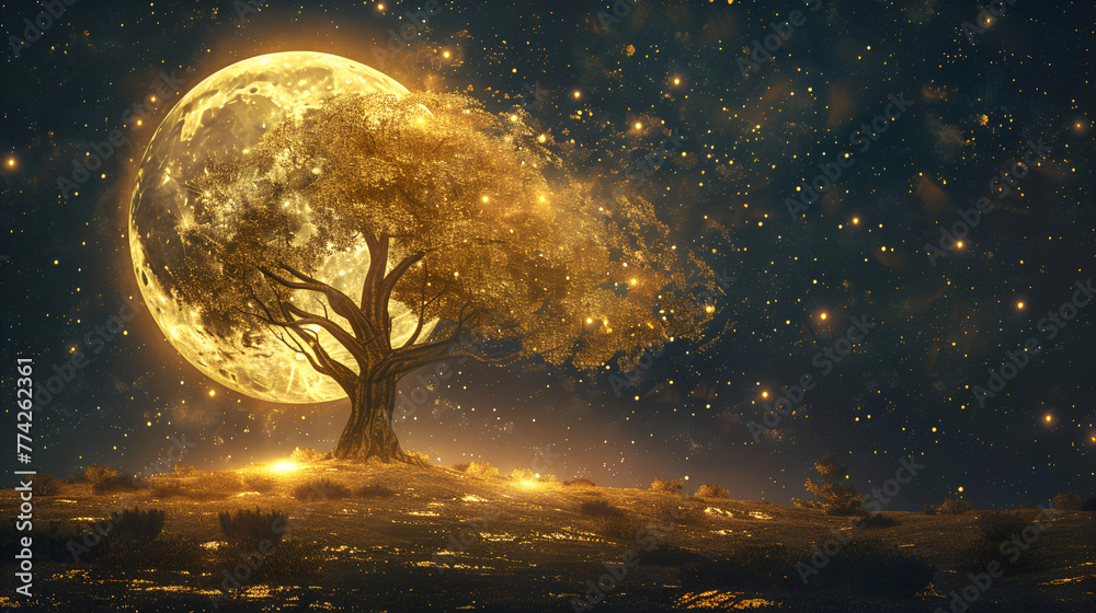 Golden tree with moon illustration on dark background landscape. Generative AI