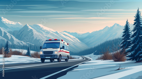 An ambulance rushing speeding on road in emergency with snow mountain