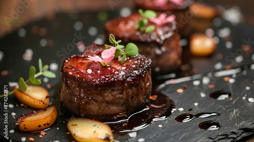 Gourmet foie gras dish with a rich red wine reduction. Generative AI photo