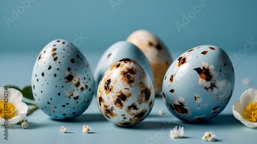 easter eggs in a nest Easter card background featuring vibrant little quail eggs with blossoming blossoms on a pale blue backdrop. A feature of the spring design: generative AI