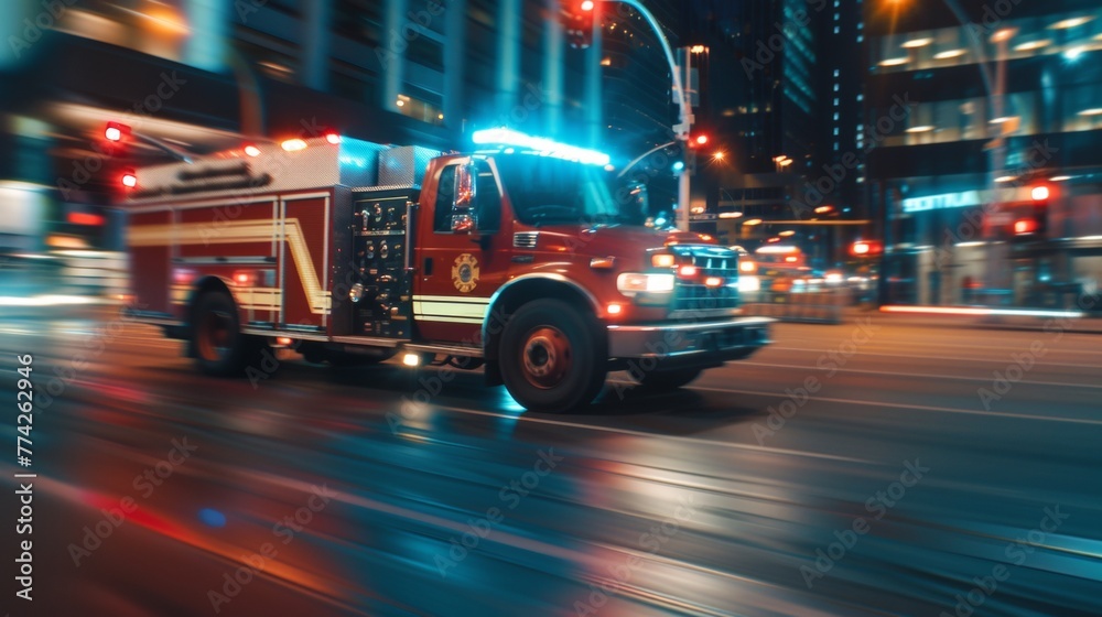 Firetruck rush in night city street road Firetruck rush in night city street road