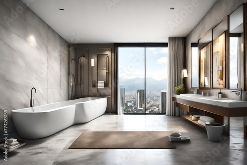 Modern hotel bathroom interior with bathtub and sink  panoramic window