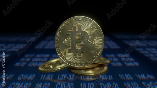 Golden Bitcoin BTC Bit Coin closeup of Bitcoin coins floating on a black background. ascending numerical ъ trend dynamic graph. 3D rendering