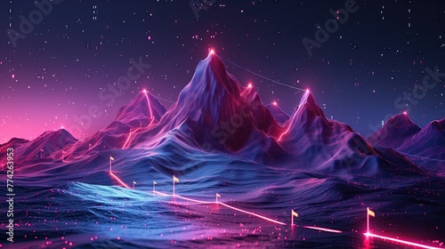 Mountain with a flag on the top success and ambition Goals of success. Digital image with mountain peaks and constellations