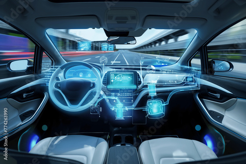 Inside of car, Future car technology, driverless cars, autonomous cars with surround sensors, on the highway.