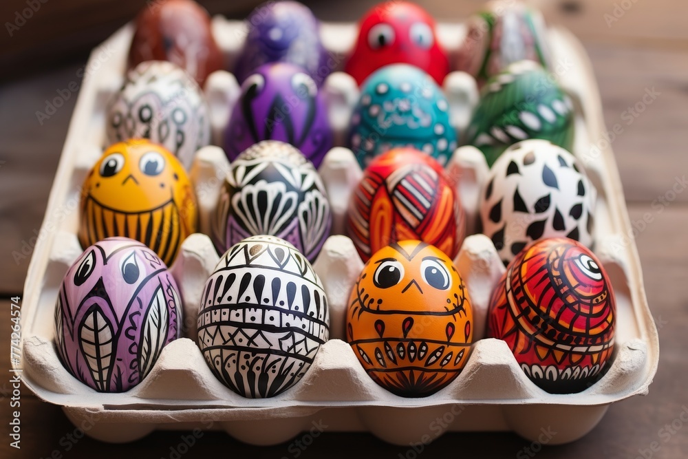 A set of hand-painted Easter eggs with patterns and cartoon faces, presented in a cardboard box.
Concept: Easter and crafts, decoration and spring holidays, home crafts