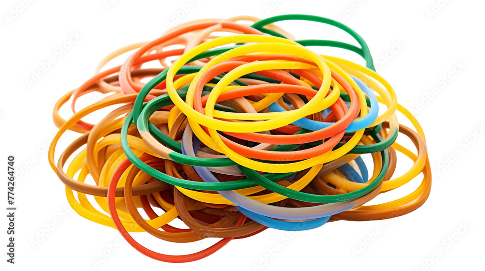 A pile of colorful rubber bands on a white background