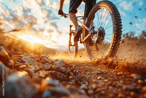 Dramatic sunset provides backlight for a mountain biker on a rugged trail
