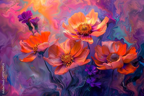 A bouquet of lively  orange and pink flowers bursts into focus against a backdrop of swirling  abstract colors  conveying a dreamy  artistic vibe. 