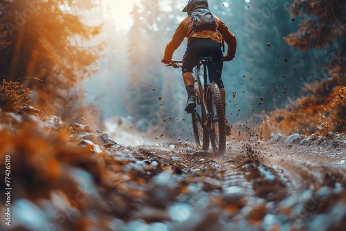 A mountain biker tackles a rocky trail amid the beautiful autumnal colors of the forest