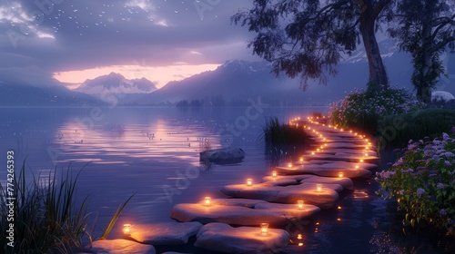 Serene twilight pathway lit by candles over water. photo