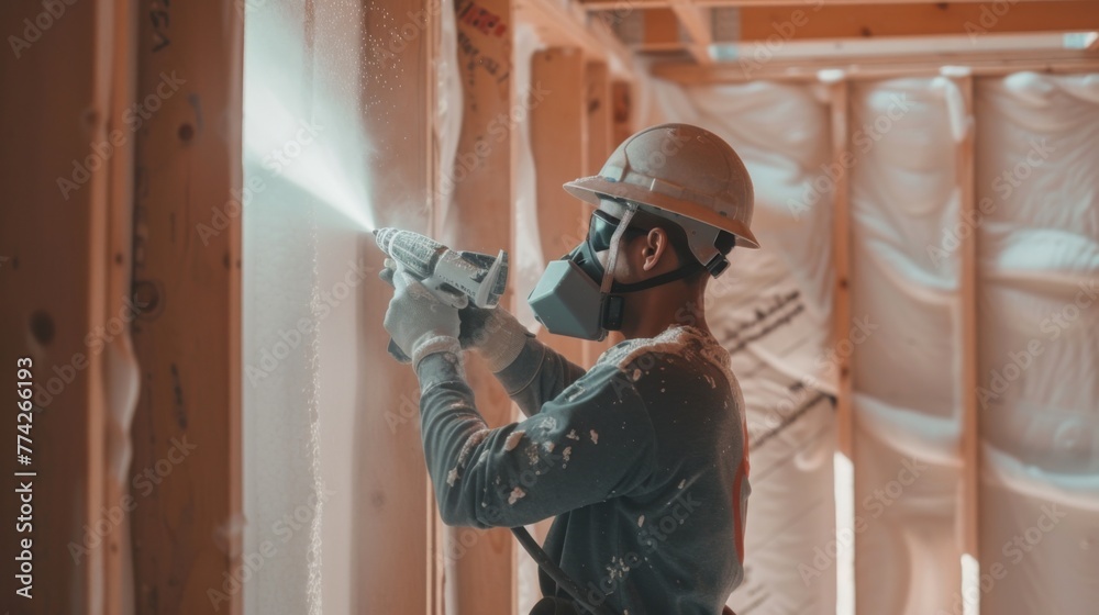 Construction worker uses insulation gun to spray foam between wall ...