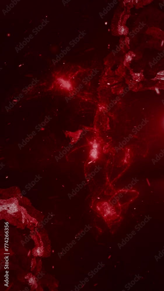 Vertical Red Chaos Eternity Background 4K Loop features a red atmosphere with changing shapes and hues with particles flying in a vertical ratio.