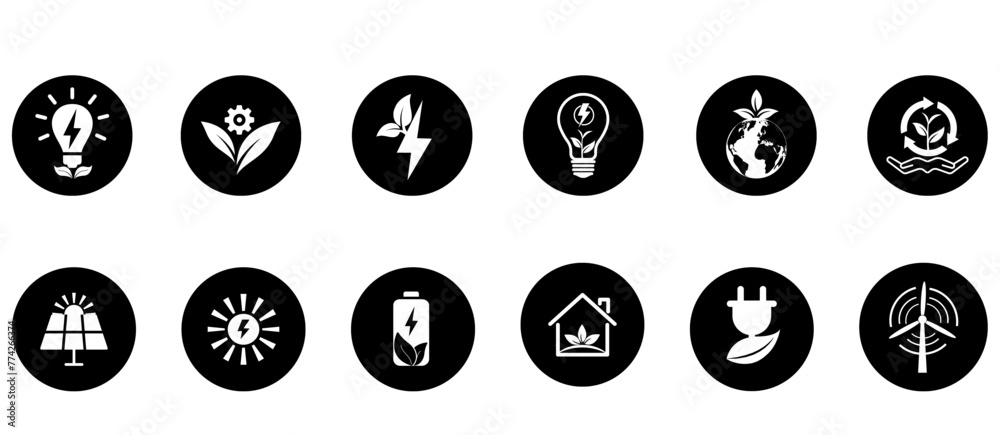 Eco friendly and sustainable concept icon set. Renewable energy, green future Eco friendly and sustainable concept icon set. Renewable energy, green future