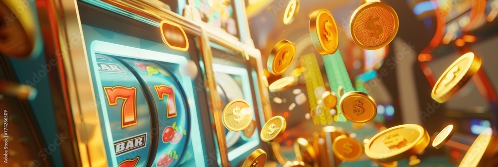 Big Win 777 jackpot with 3D rendering of coins flying out of the machine - obrazy, fototapety, plakaty 