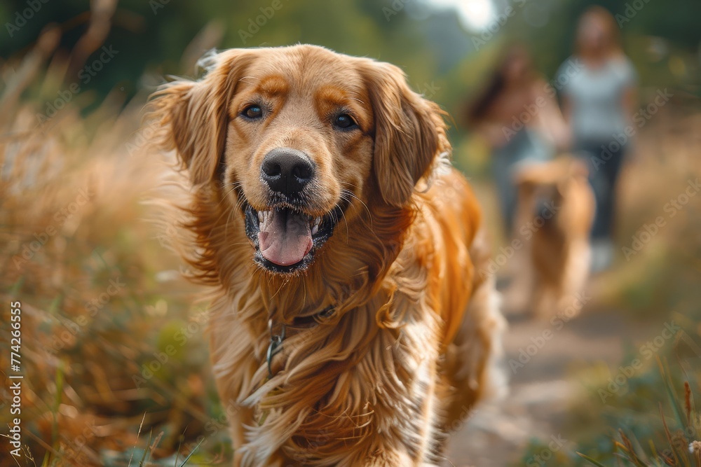 Dynamic image of a golden retriever playing and seemingly smiling, with blurred owners in the background