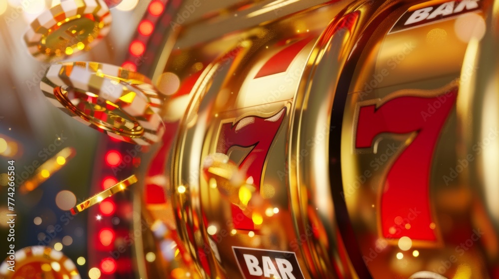 Fototapeta premium Big Win 777 jackpot with many prizes and coins in the background