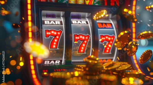 Slot machine with a big win and a jackpot of 777, with flashing lights and coins falling out