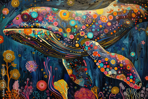 Create an abstract portrayal of marine animals adorned with intricate patterns and vibrant colors, swimming gracefully through an ocean of imagination © Izhar