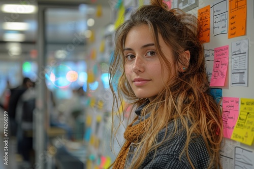 An attractive young woman with a thoughtful expression in front of a colorful sticky notes wall