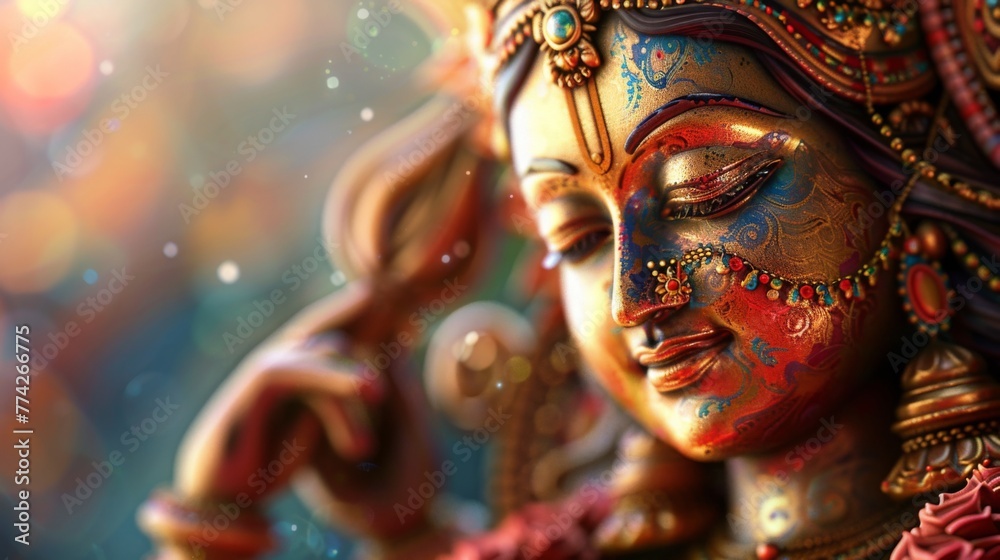 Close-up of 3D rendering of Goddess Lakshmi sculpture