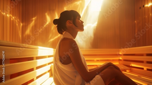 Woman in a towel relaxing in a wooden sauna surrounded by the warm glow of the sauna interior