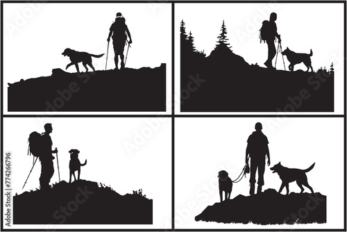 Vector silhouette of man with dog white background