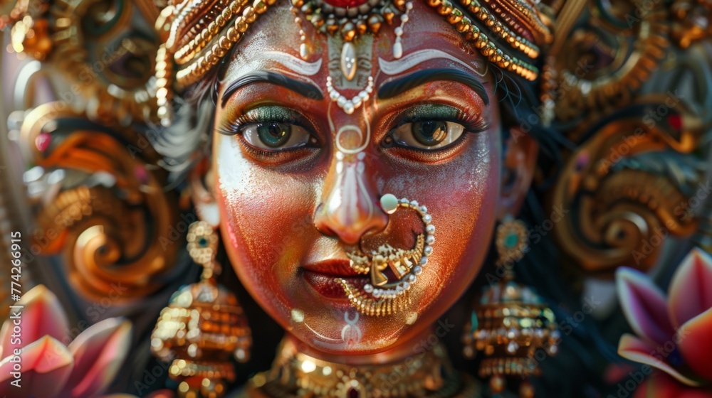 Close-up of 3D rendering of Goddess Lakshmi sculpture