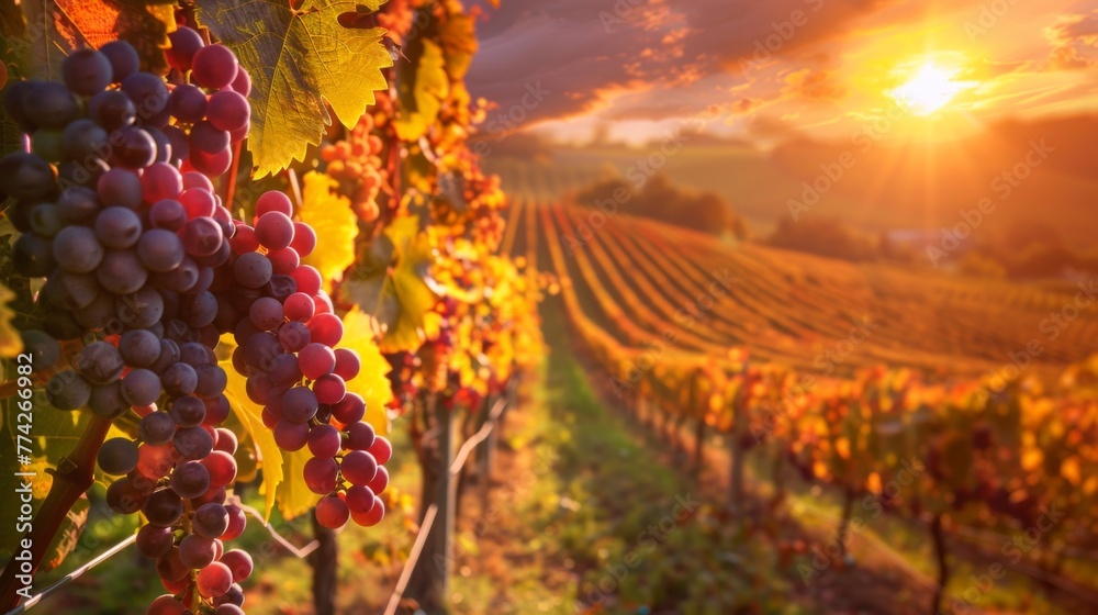 Vineyard in the golden light of sunset, the vibrant colors of autumn and the bounty of ripe grapes ready to be picked - obrazy, fototapety, plakaty 