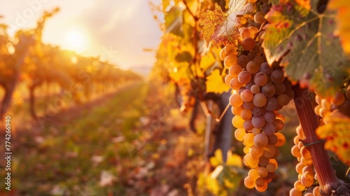 Vineyard in the golden light of sunset, the vibrant colors of autumn and the bounty of ripe grapes ready to be picked