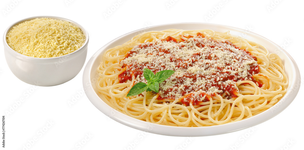 prato com espaguete com molho de tomates frescos acompanhado de pote de queijo parmesão ralado isolado em fundo transparente prato com espaguete com molho de tomates frescos acompanhado de pote de queijo parmesão ralado isolado em fundo transparente