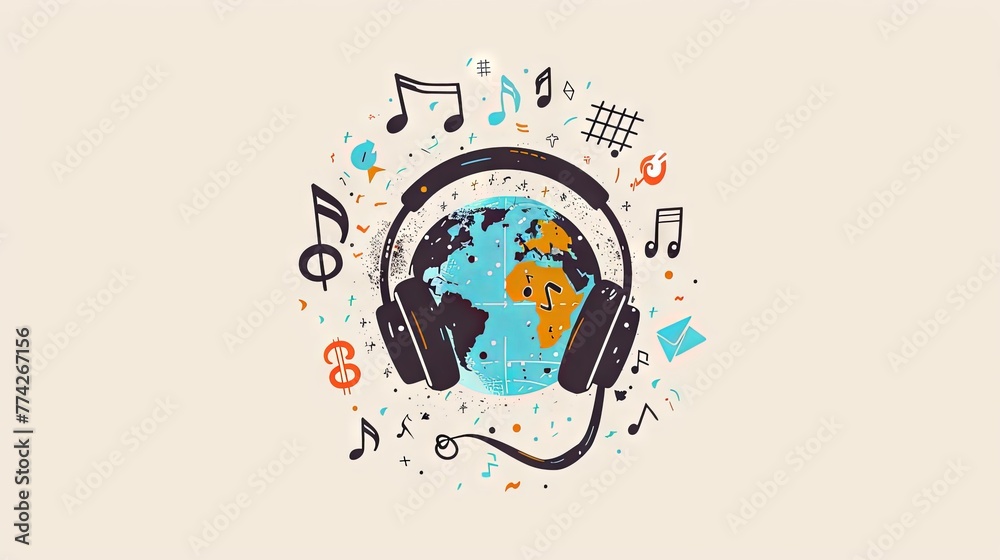 Fototapeta premium The Earth, adorned with colorful headphones, is surrounded by music notes and symbols, depicting the universal language of music.