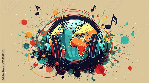 The Earth, adorned with colorful headphones, is surrounded by music notes and symbols, depicting the universal language of music. photo