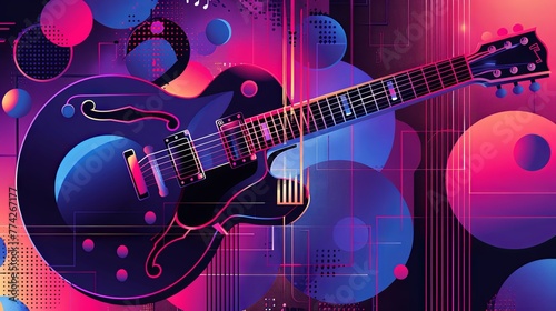 An electric guitar bursts forward with speed  surrounded by neon lines and splashes of color  capturing the energy of rock music.