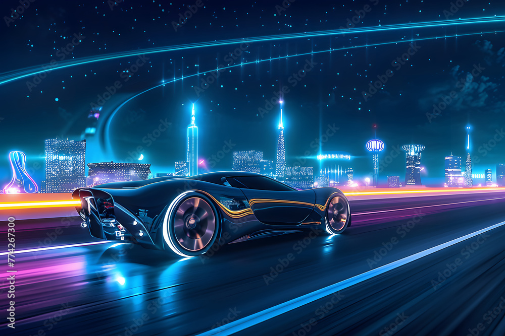 Futuristic-looking racing game on PC, console, or virtual reality. Sleek sports car racing fast in a neon city. - obrazy, fototapety, plakaty 