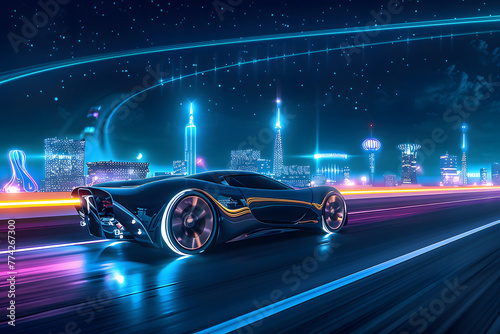 Futuristic-looking racing game on PC, console, or virtual reality. Sleek sports car racing fast in a neon city. photo