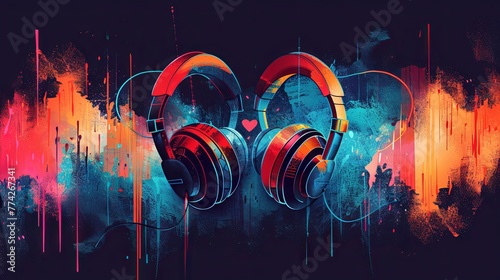 A creative concept of colorful headphones transformed into blooming flowers against a vivid gradient background, blending technology and nature. #774267341