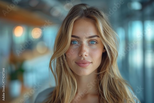 Young woman with light makeup and soft features, providing a neutral and pleasant facial expression in a dynamic indoor atmosphere