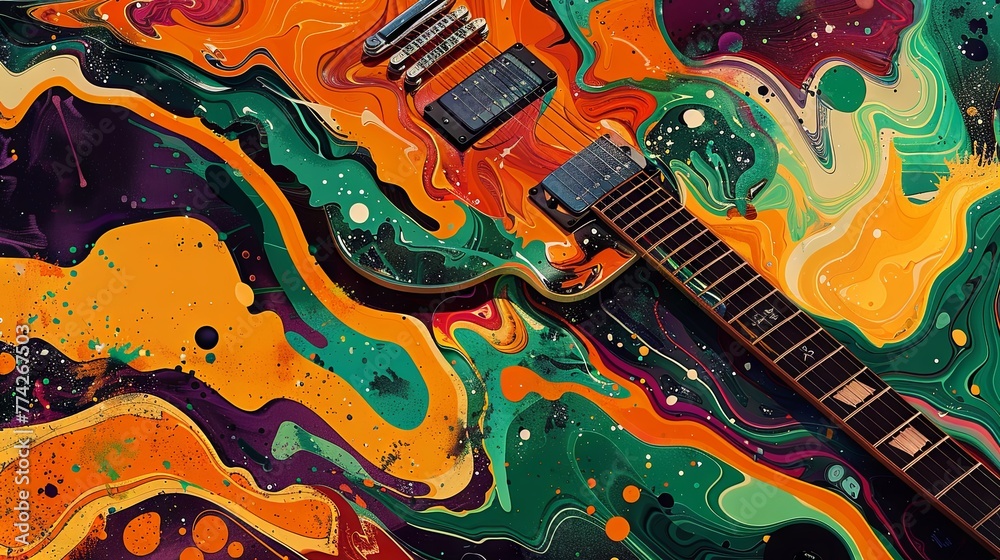 Obraz premium A classic electric guitar blends into a vibrant whirlpool of psychedelic colors, symbolizing a fusion of music and visual art.