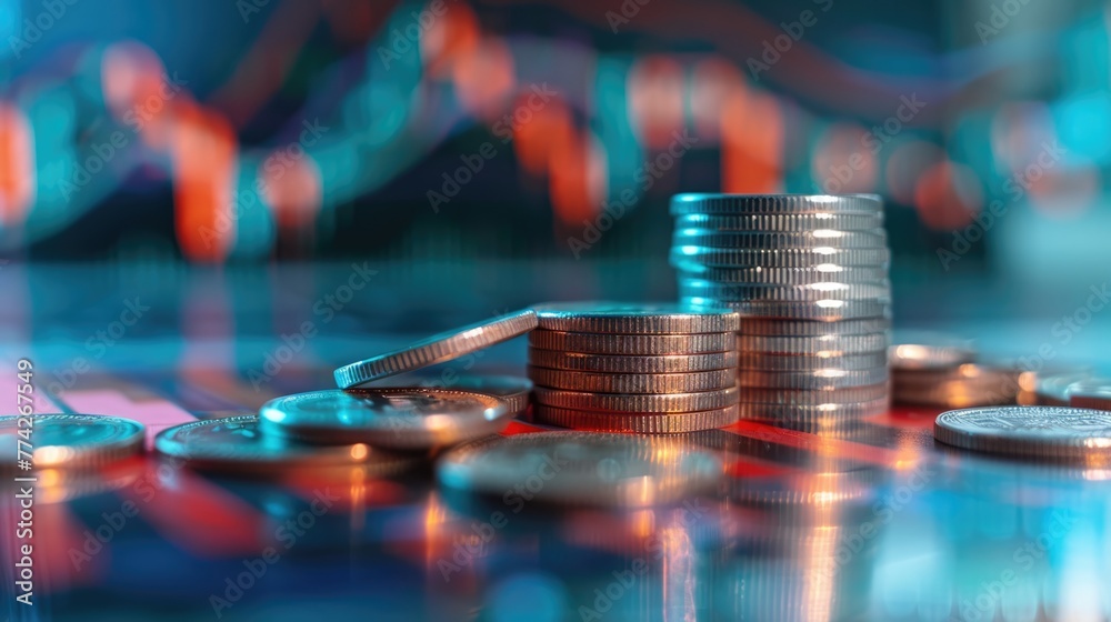 Stack of coins and a graph chart illustrating upward growth. Background with dynamic visual representation of financial and market success, investment, money profit concept and trading Stack of coins and a graph chart illustrating upward growth. Background with dynamic visual representation of financial and market success, investment, money profit concept and trading