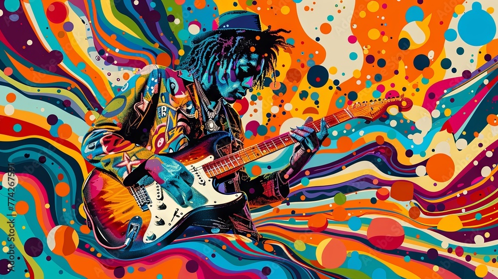 Obraz premium A classic electric guitar blends into a vibrant whirlpool of psychedelic colors, symbolizing a fusion of music and visual art.