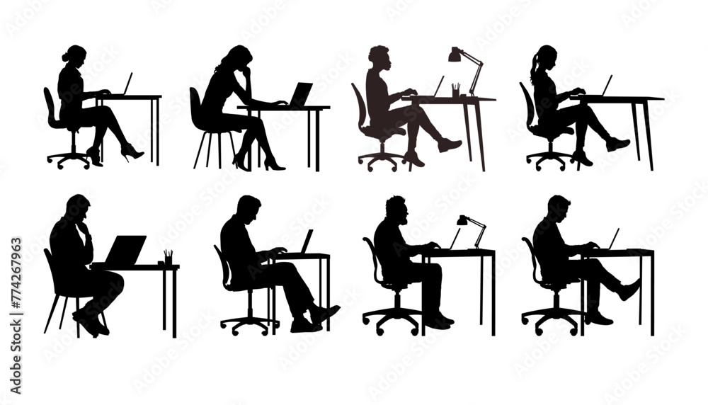 Set of silhouette of people working on laptop at desk - vector illustration Set of silhouette of people working on laptop at desk - vector illustration