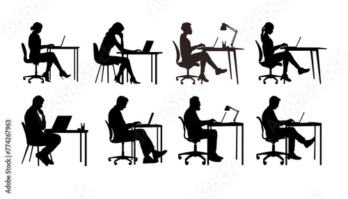 Set of silhouette of people working on laptop at desk - vector illustration