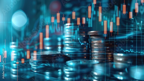 Stack of coins and a graph chart illustrating upward growth. Background with dynamic visual representation of financial and market success, investment, money profit concept and trading