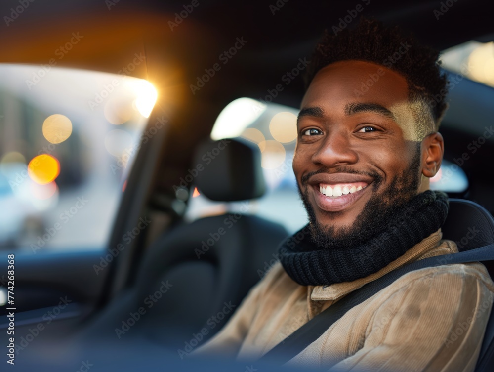 Obraz premium A driver-partner welcoming passengers into their vehicle with a smile