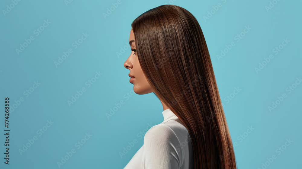 Profile of a young woman with long straight hair on a blue background Profile of a young woman with long straight hair on a blue background