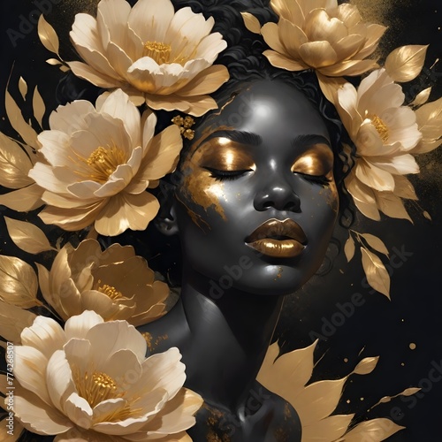 woman with flower , Black woman  with dark skin  and curly black hair , surrounded by white and gold flowers, with gold accents on her face and shoulder, against a dark background