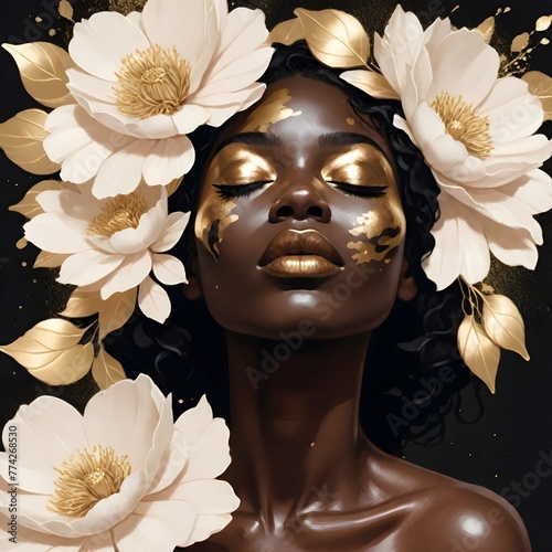 woman with flower , Black woman  with dark skin  and curly black hair , surrounded by white and gold flowers, with gold accents on her face and shoulder, against a dark background