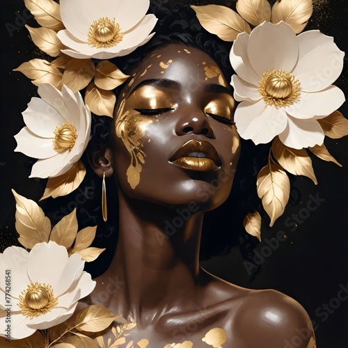 woman with flower , Black woman  with dark skin  and curly black hair , surrounded by white and gold flowers, with gold accents on her face and shoulder, against a dark background